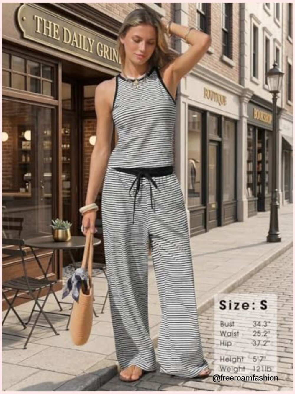 Cotton Summer 2 Piece Outfits Striped Halter Tops Wide Leg Pant Sets Lounge - Picture 4 of 7